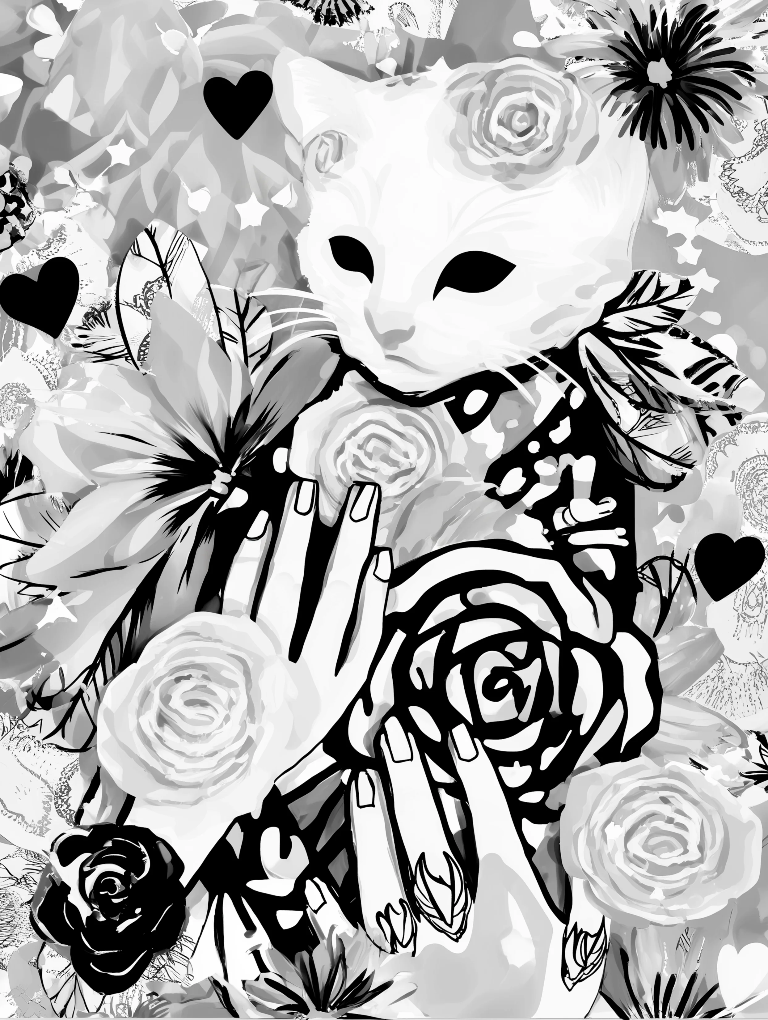 Free printable kitten coloring page featuring hands holding a cute white kitten